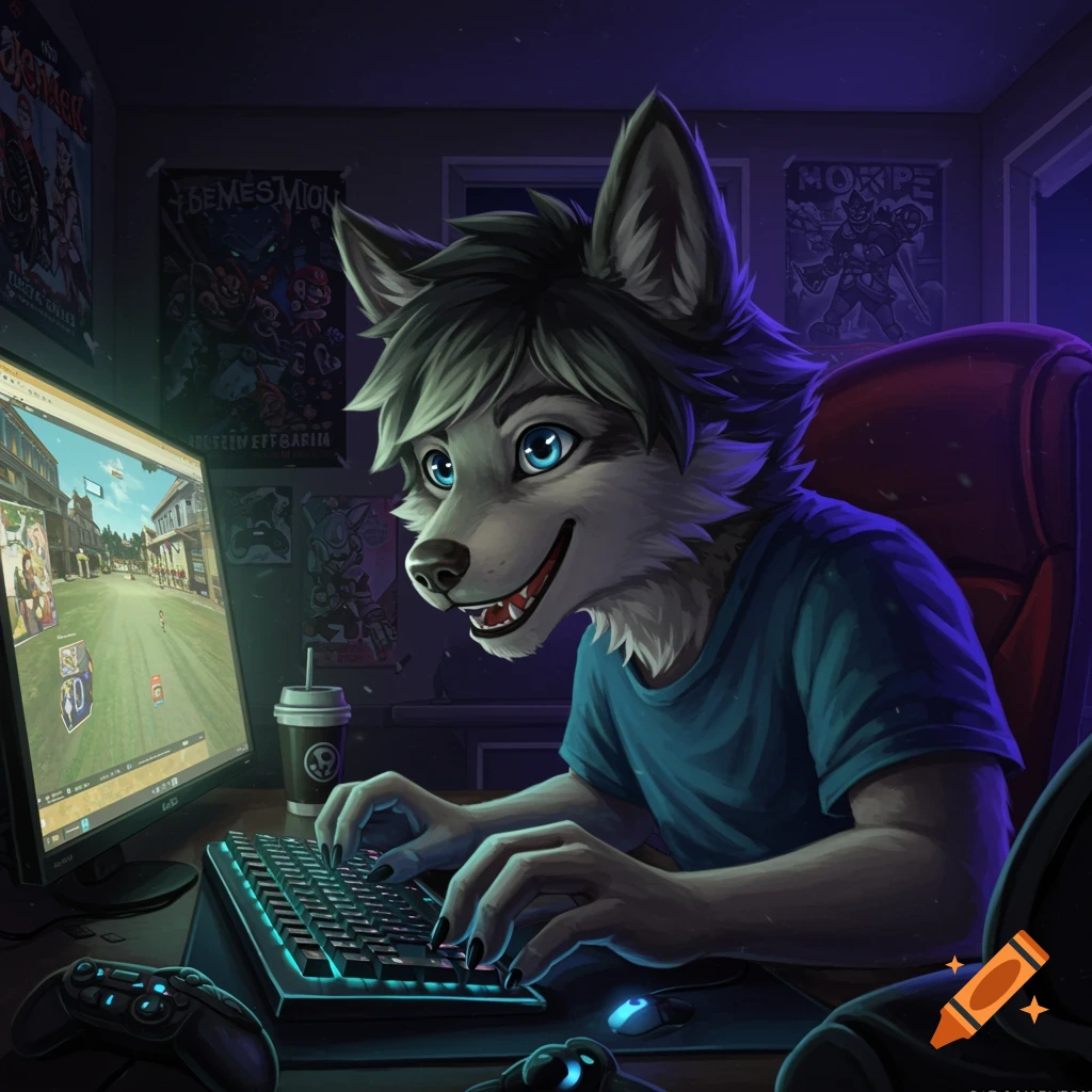A furry wolf boy playing a video game on a PC in a dark room with posters.