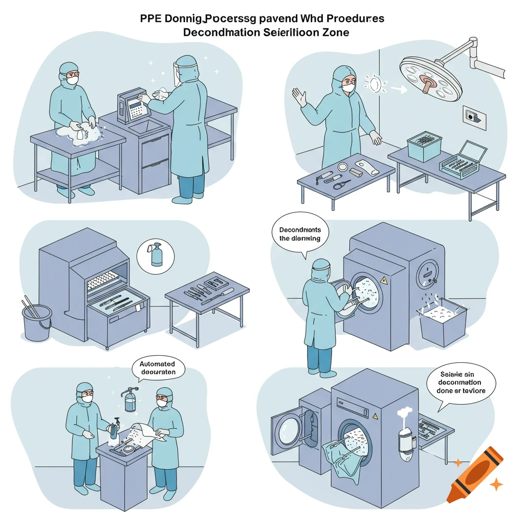 Illustration showing medical staff in PPE performing decontamination procedures.