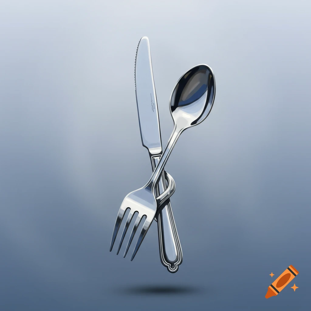 A fork, knife, and spoon are intertwined against a blue background.