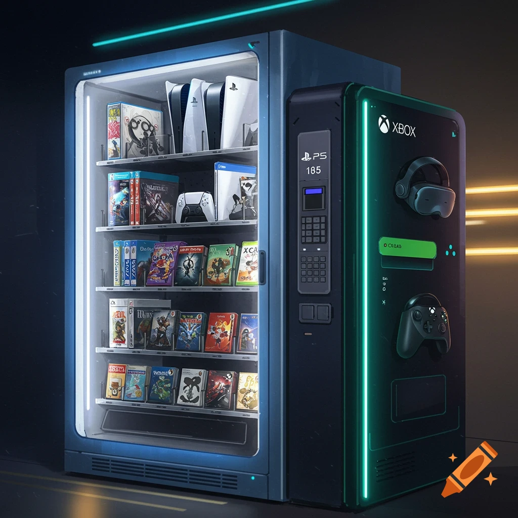 A futuristic vending machine dispenses PS5 and Xbox consoles and games, along with an Oculus headset.