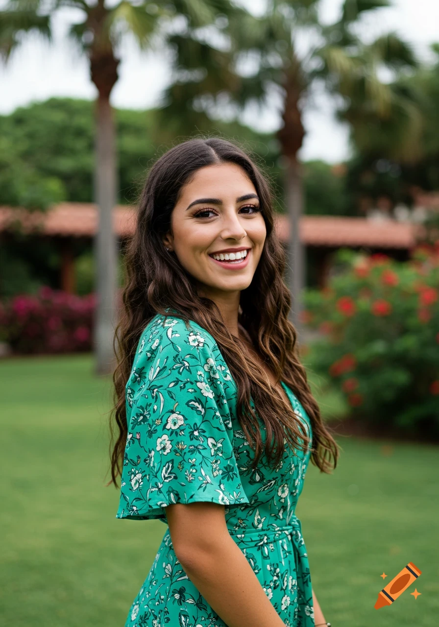A woman in a green floral dress smiles outdoors.