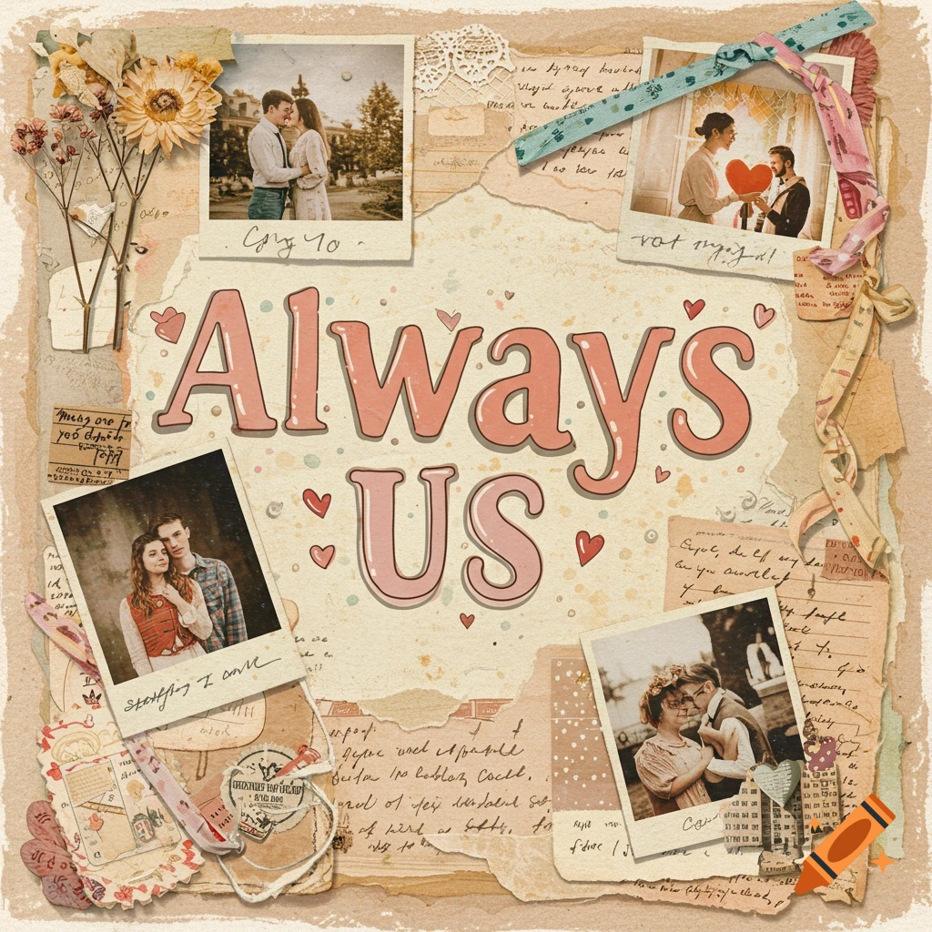 A vintage scrapbook collage featuring photos of couples and the text 'Always US'