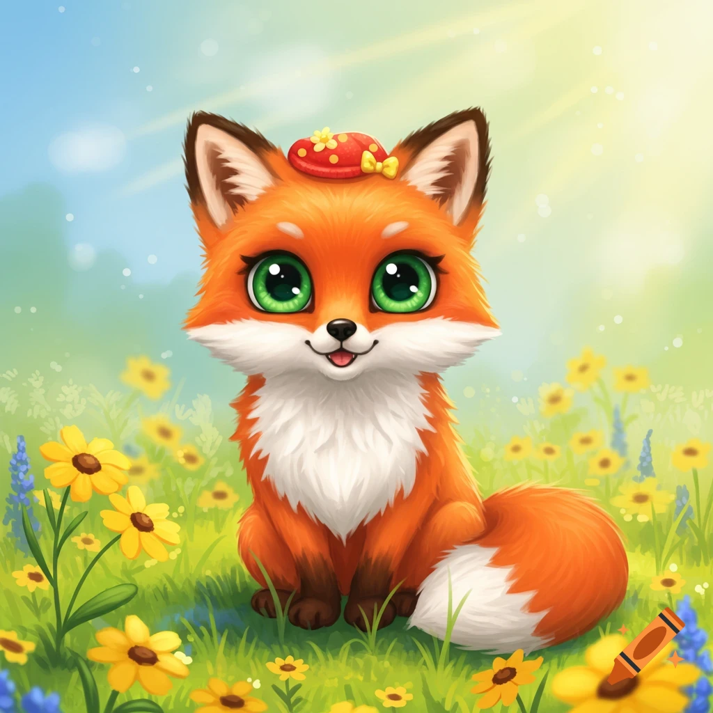 A cute cartoon fox with big green eyes and a red hat sits in a field of yellow flowers.