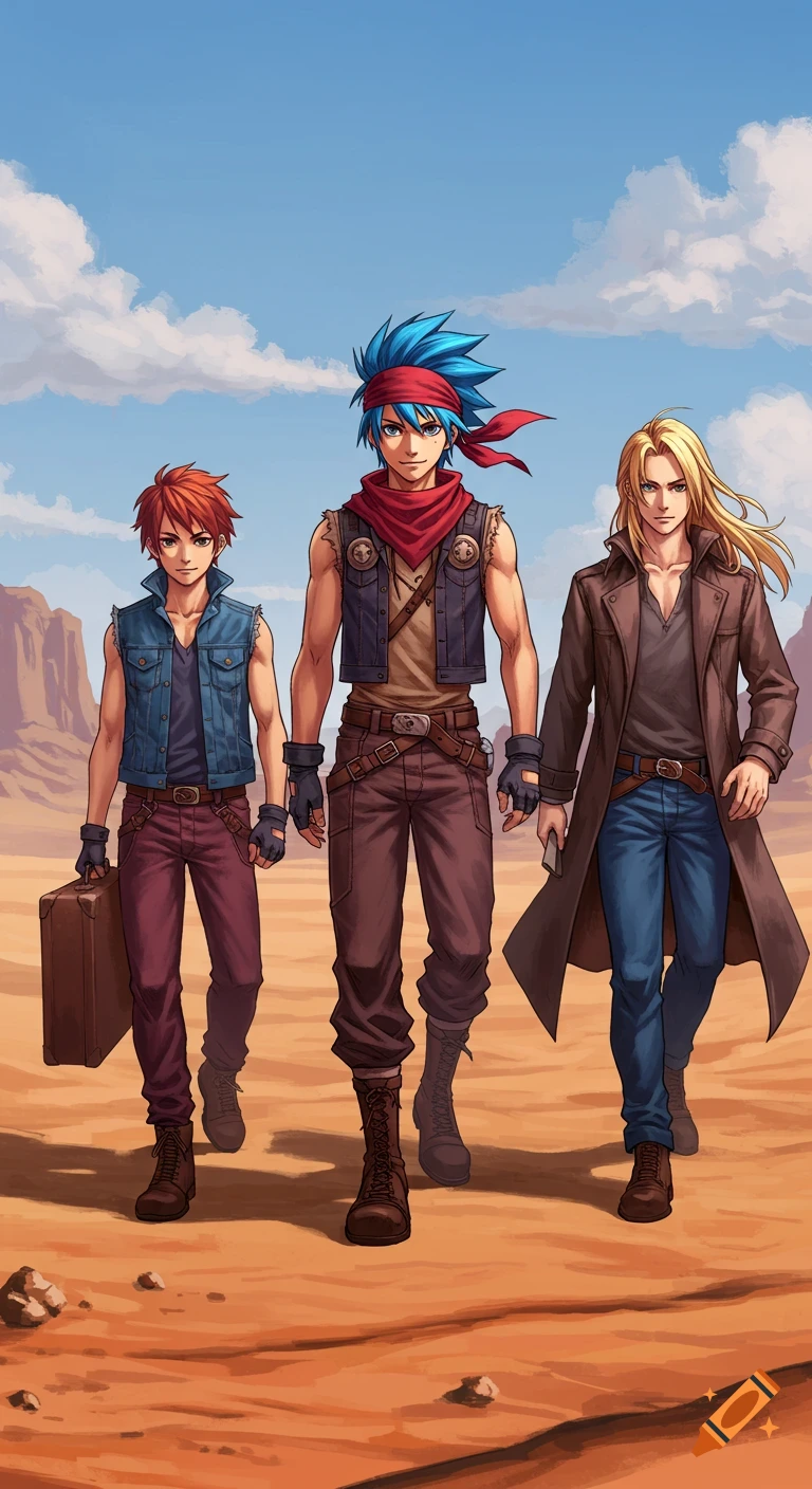 Three anime-style characters walk across a desert landscape, one carrying a suitcase.