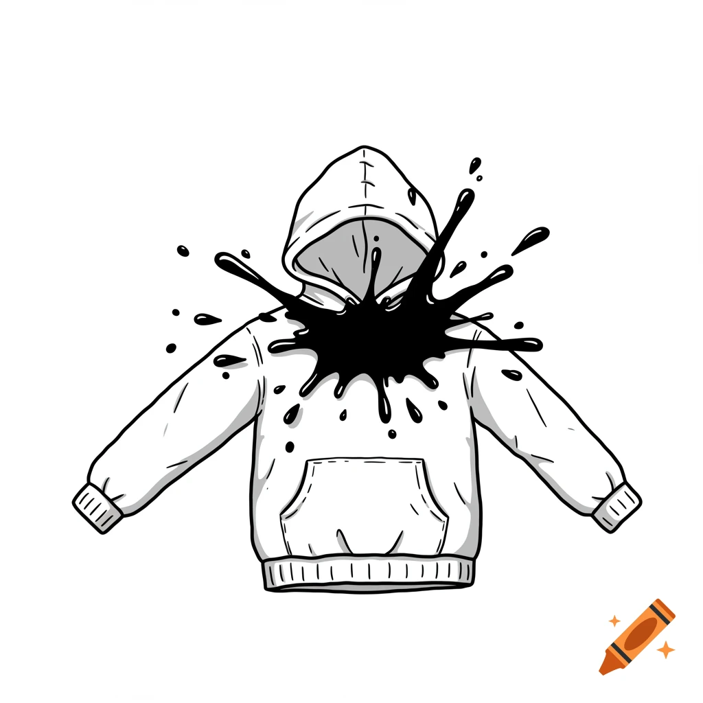 Cartoon illustration of a white hoodie with a large black paint splash on the chest.