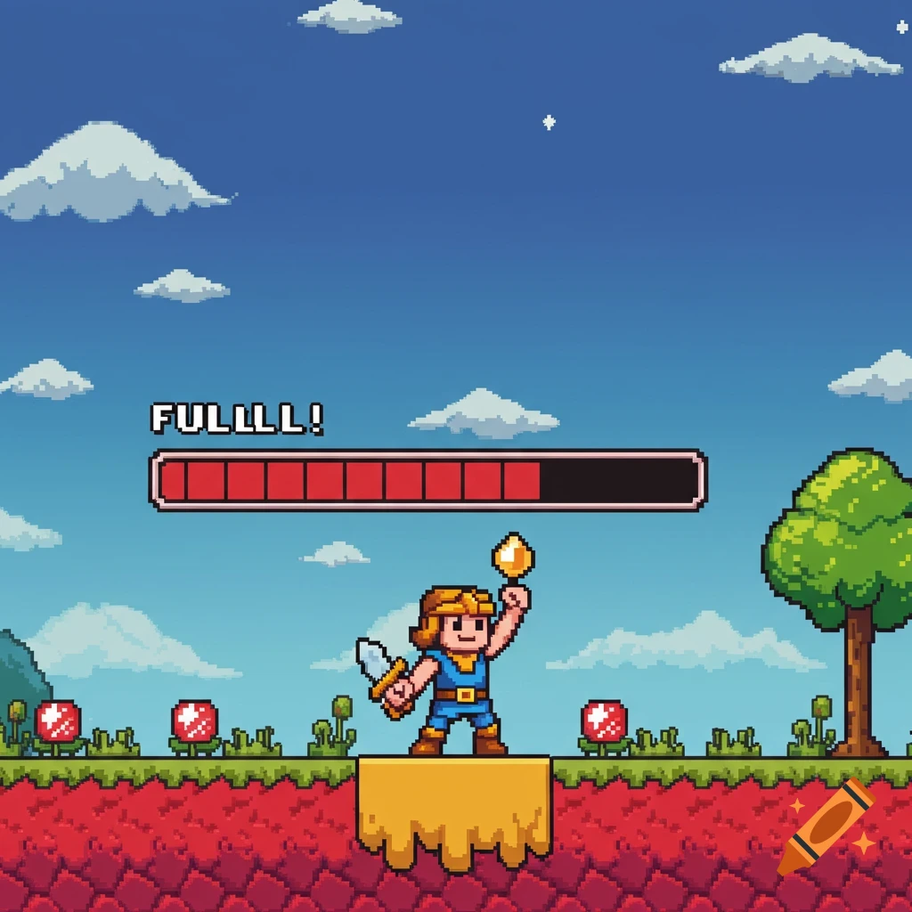 Pixel art video game scene with character, sword, and full health bar