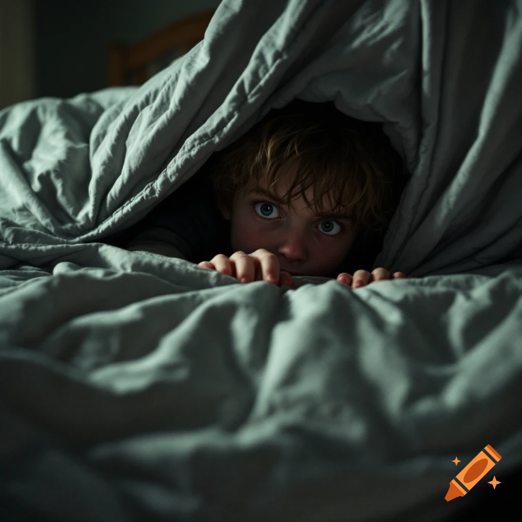 A scared child with wide blue eyes hides under a gray blanket, peering out.