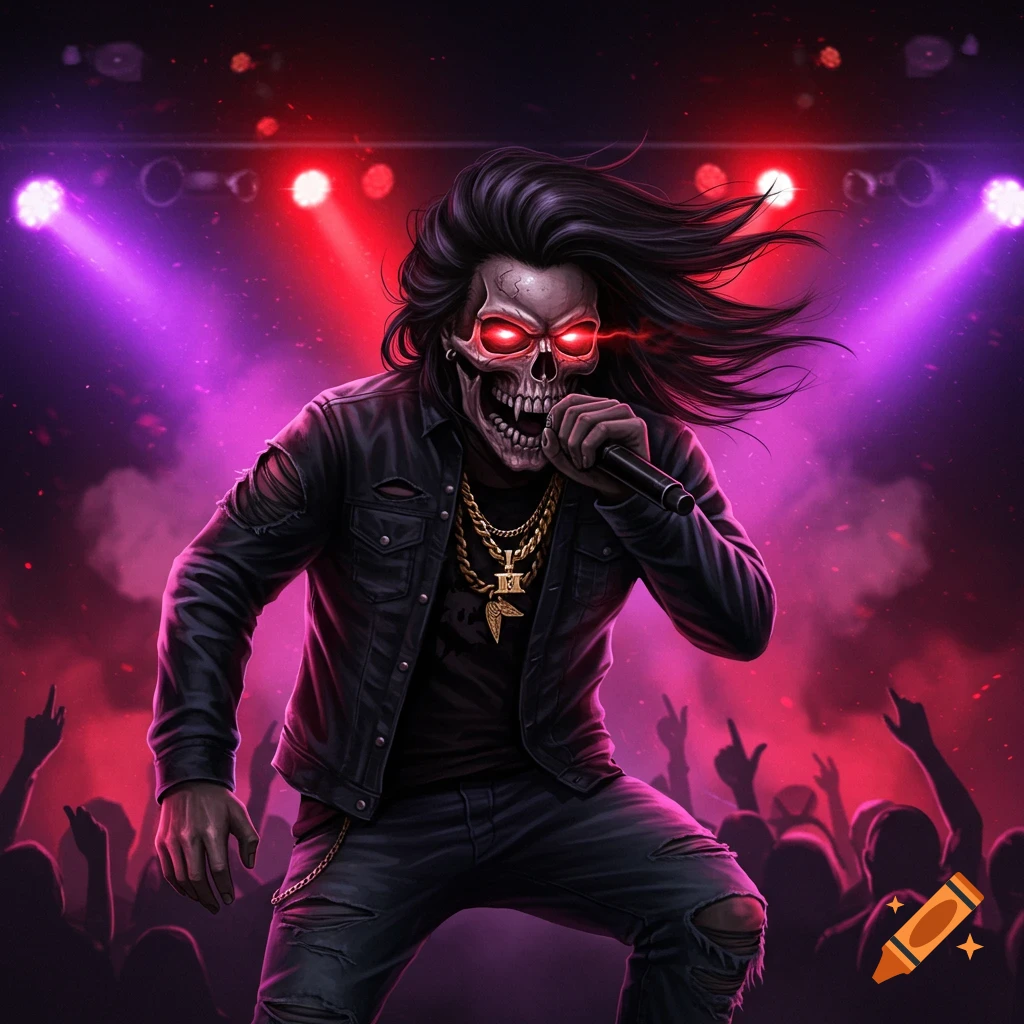 A skull-faced figure with glowing red eyes raps on stage under red and purple lights.