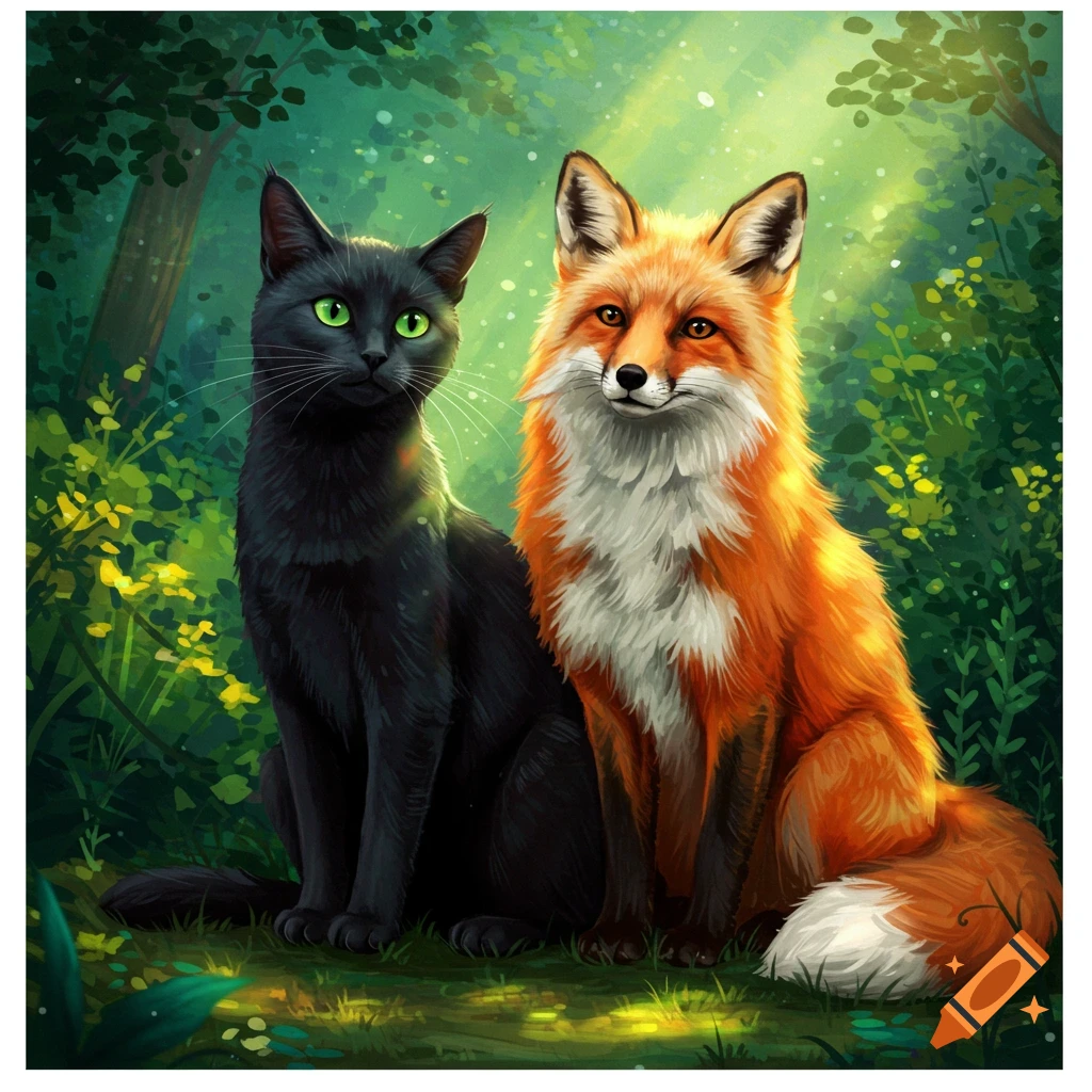 A black cat and a red fox sit side-by-side in a sunny forest.
