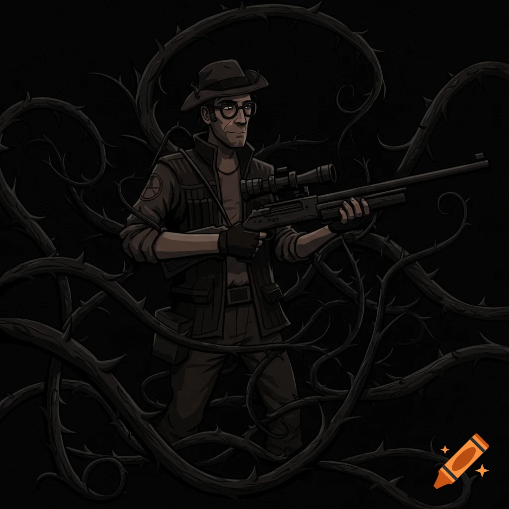 A man wearing glasses and a hat holds a rifle, encircled by thorny vines.