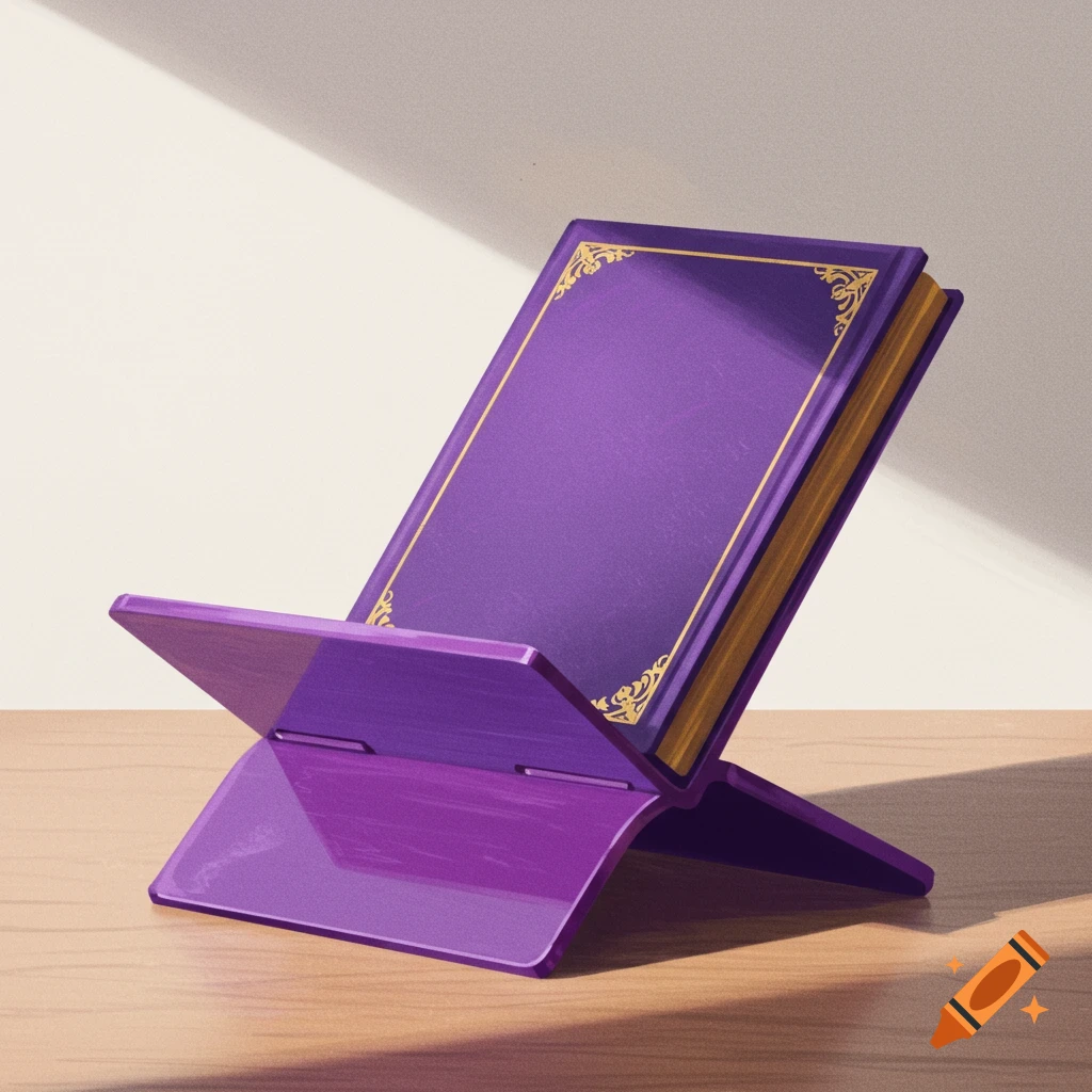 A purple book stand with gold trim sits on a wooden table.