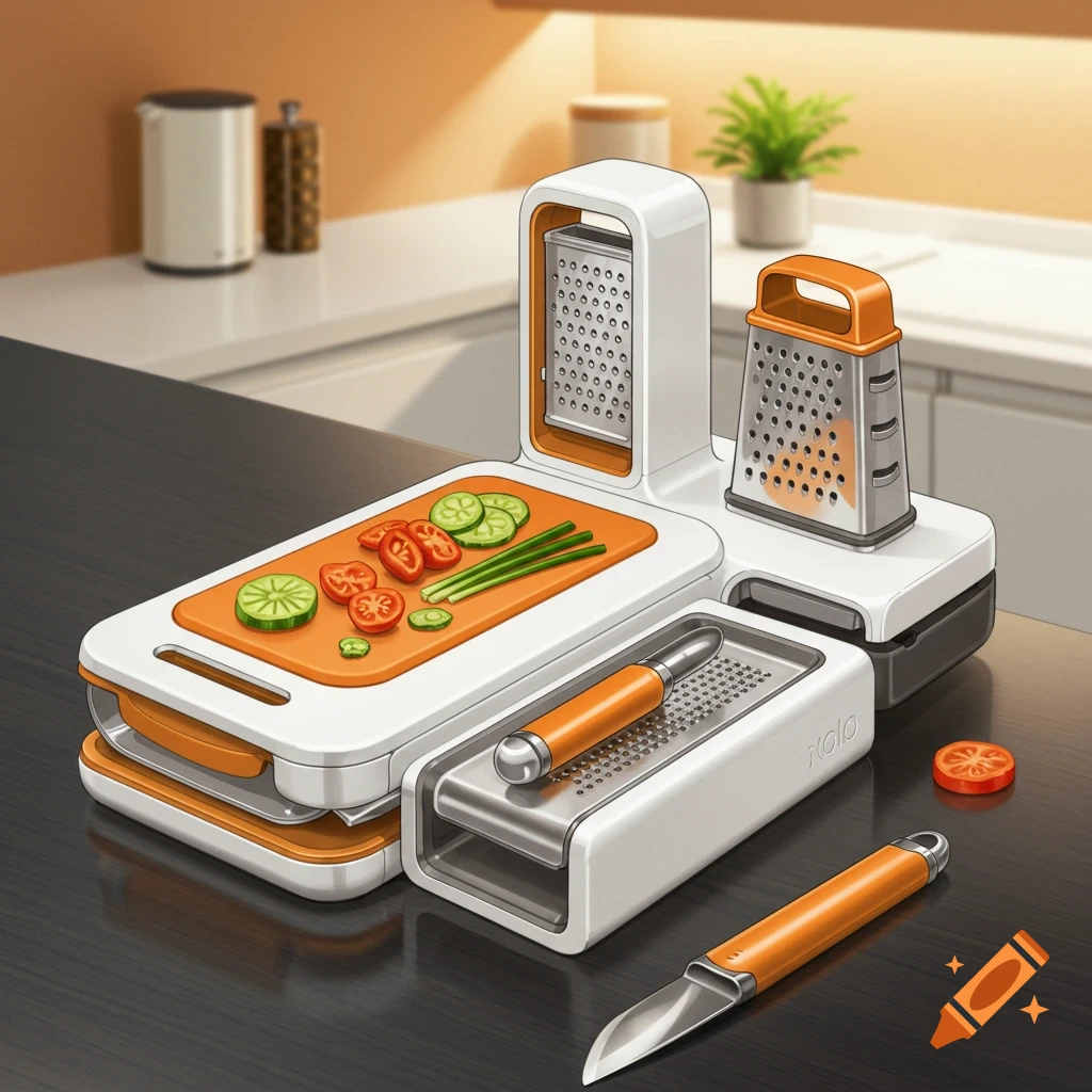 Multifunctional kitchen tool set on a counter with vegetables, including a cutting board, grater, and knife.