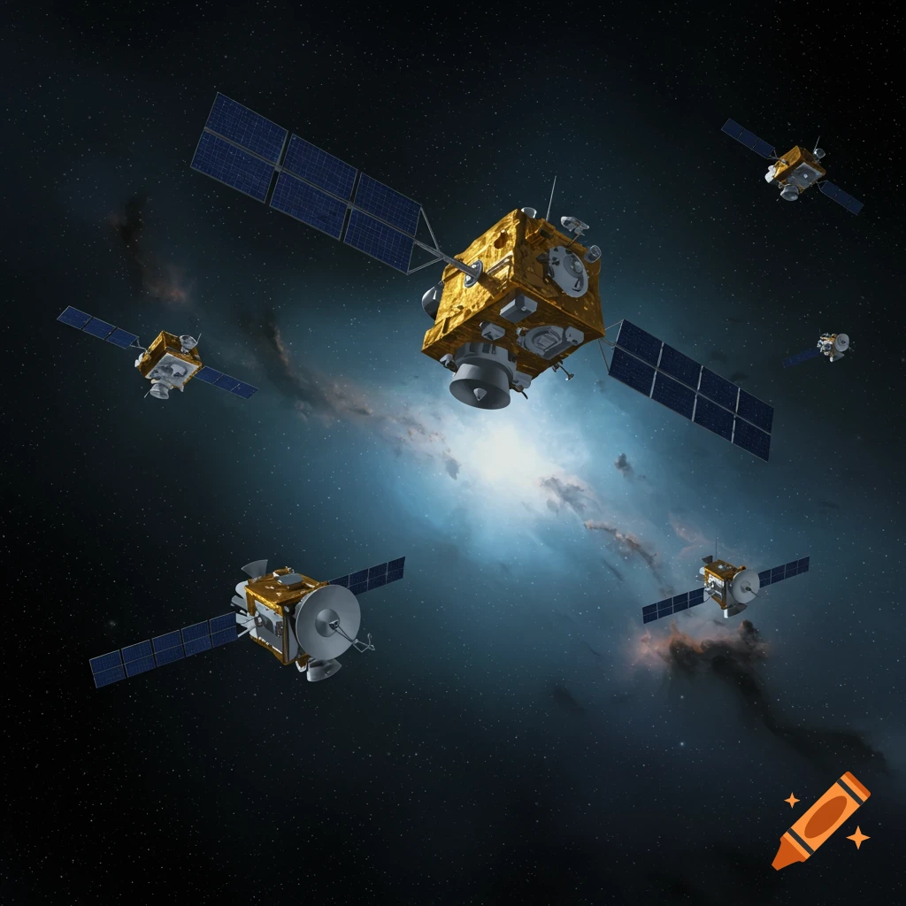 Five satellites orbiting in space with a bright nebula in the background.
