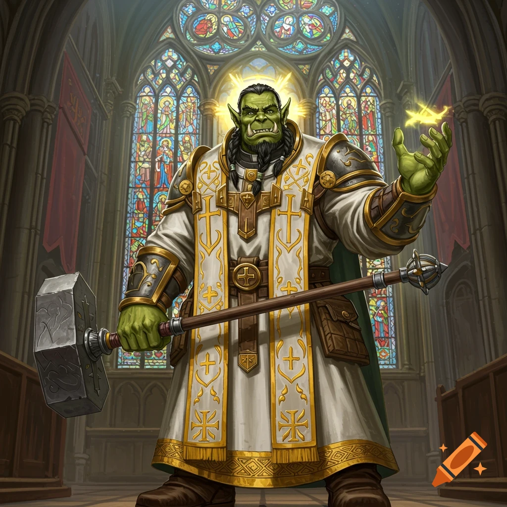 A large green orc in priest robes holds a hammer and mace in a church.