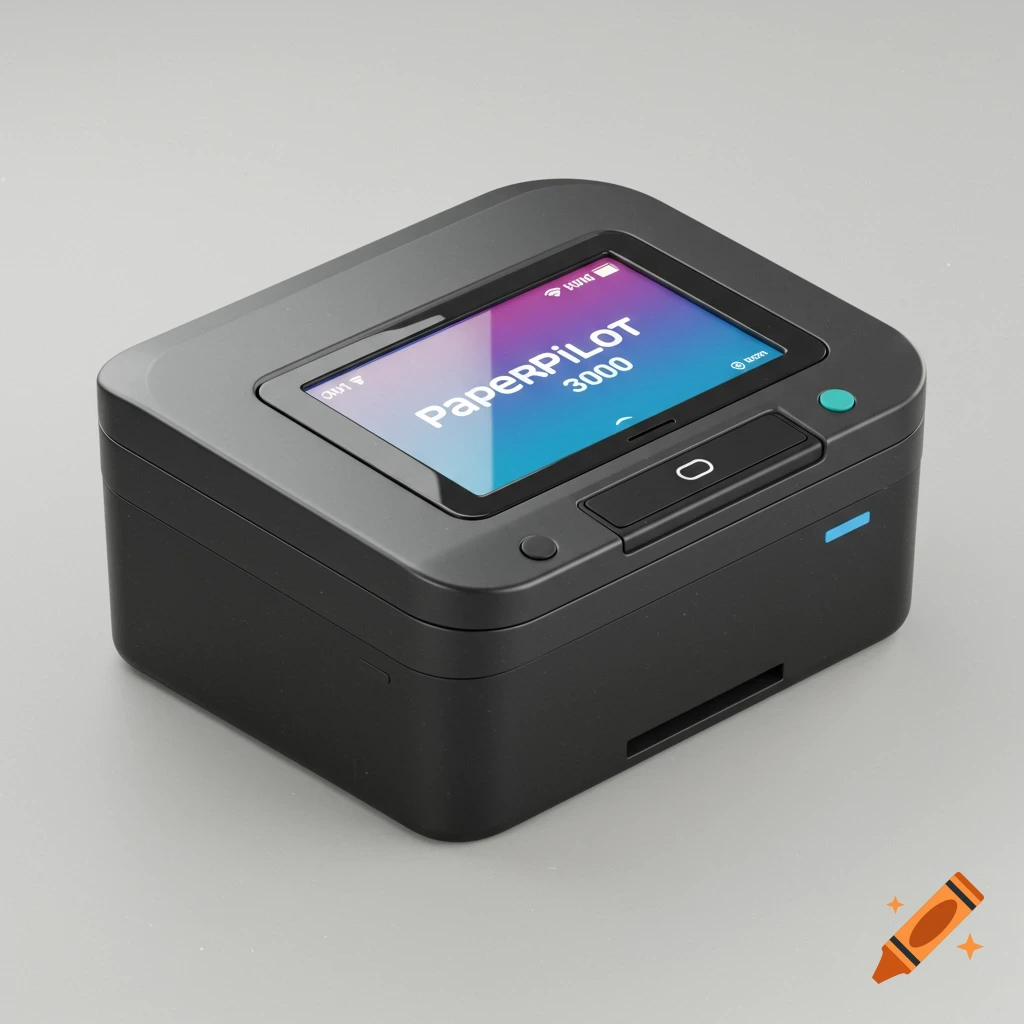 A 3D render of a black desktop printer with a screen displaying 'PaperPILOT 3000'.
