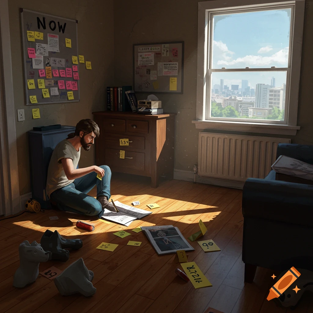 A person examining papers and notes on the floor in a room with a whiteboard and corkboard.