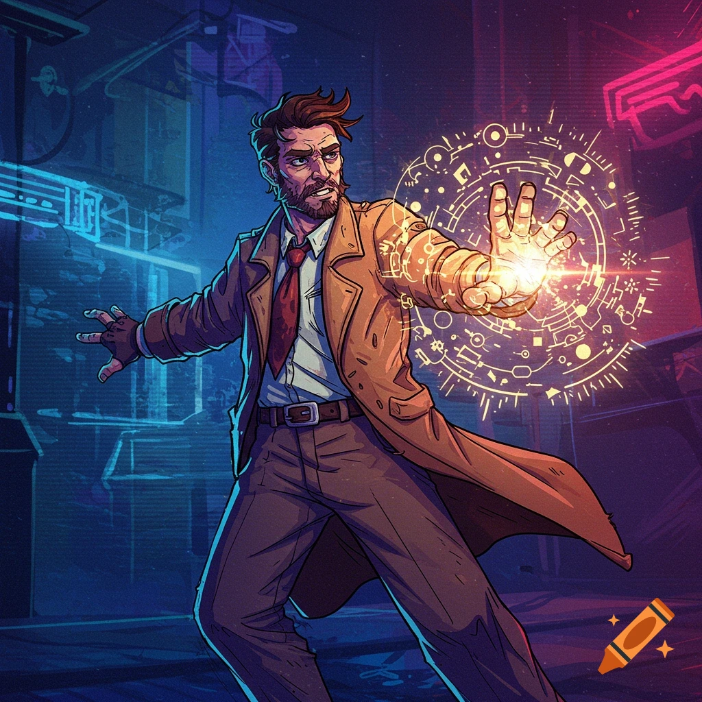 Man in a trench coat casting a glowing magical spell or skill in a neon cyberpunk setting.