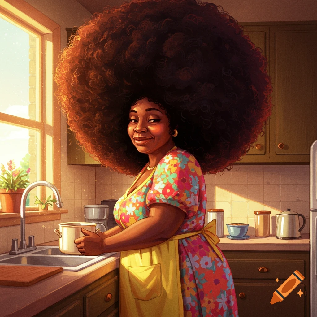 A Black woman with a large afro smiles while standing at a kitchen sink.