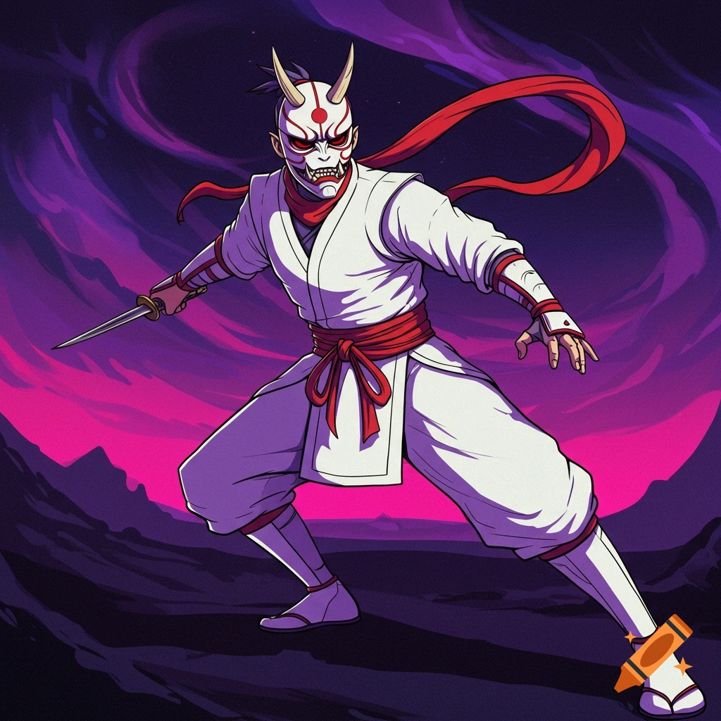 Anime illustration of a masked character in a white ninja outfit with a sword, standing against a purple and pink background.