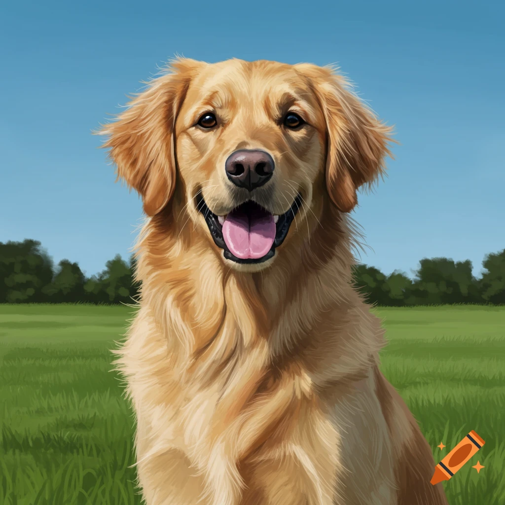 Happy Golden Retriever dog in a grassy field with trees.