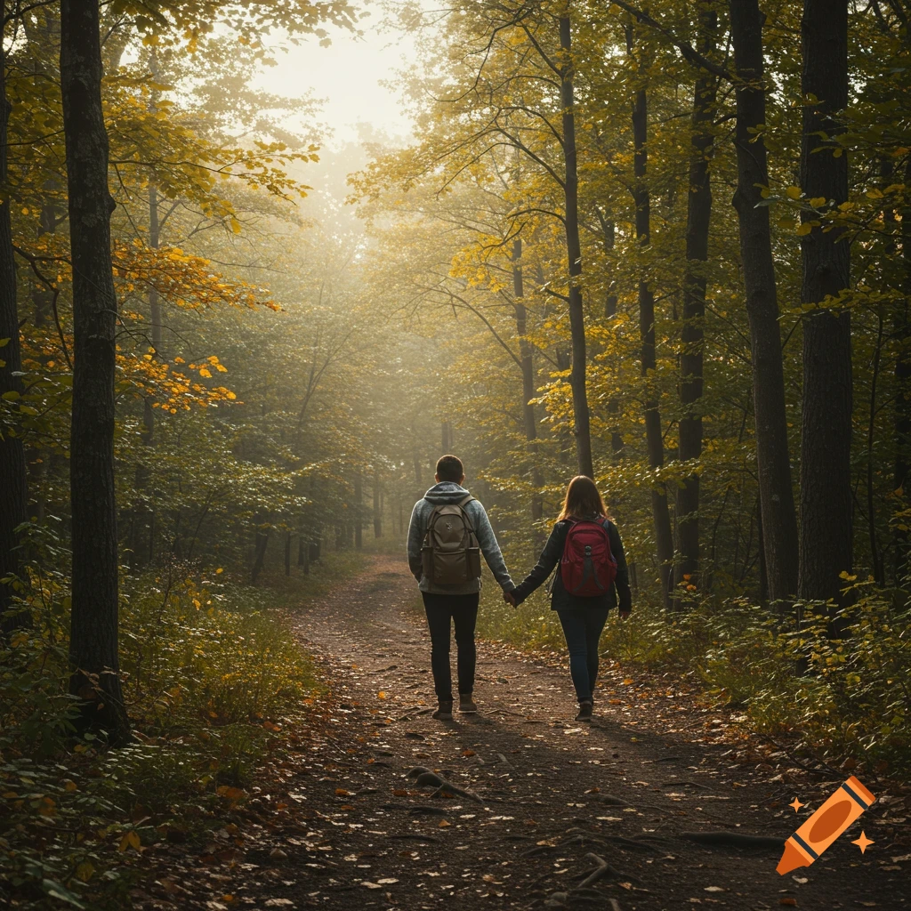Two people holding hands walk away down a sunlit path in an autumn forest.