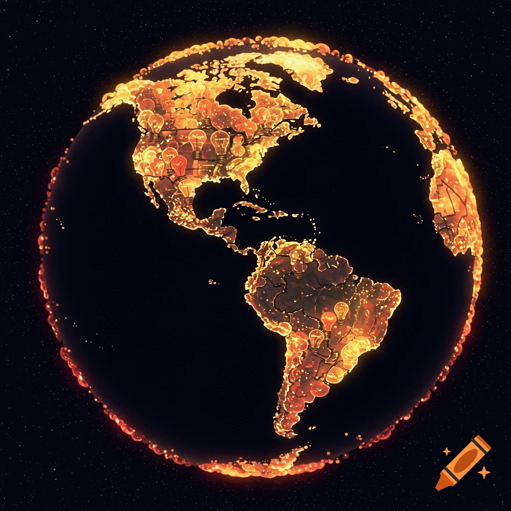 The Earth globe is made of glowing lightbulbs against a starry background.
