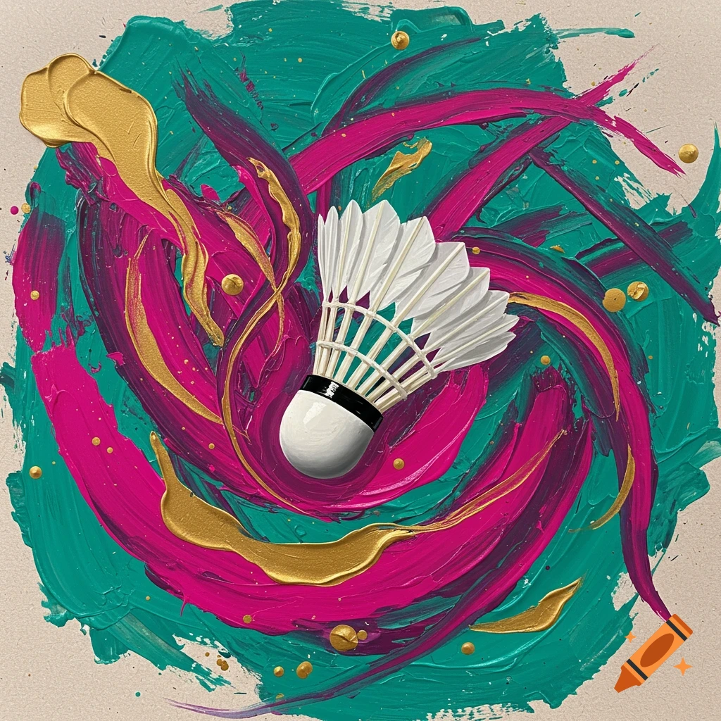 An abstract painting with thick strokes of pink, teal, and gold paint swirling around a white badminton shuttlecock.