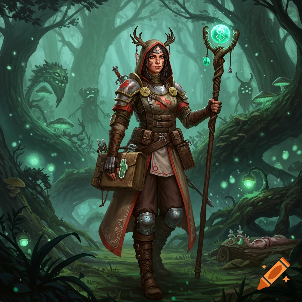 A fantasy character is shown in a forest, holding a glowing staff.