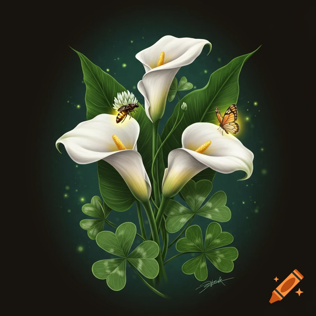 White calla lilies, clovers, a bee, and a butterfly with sparkling lights.