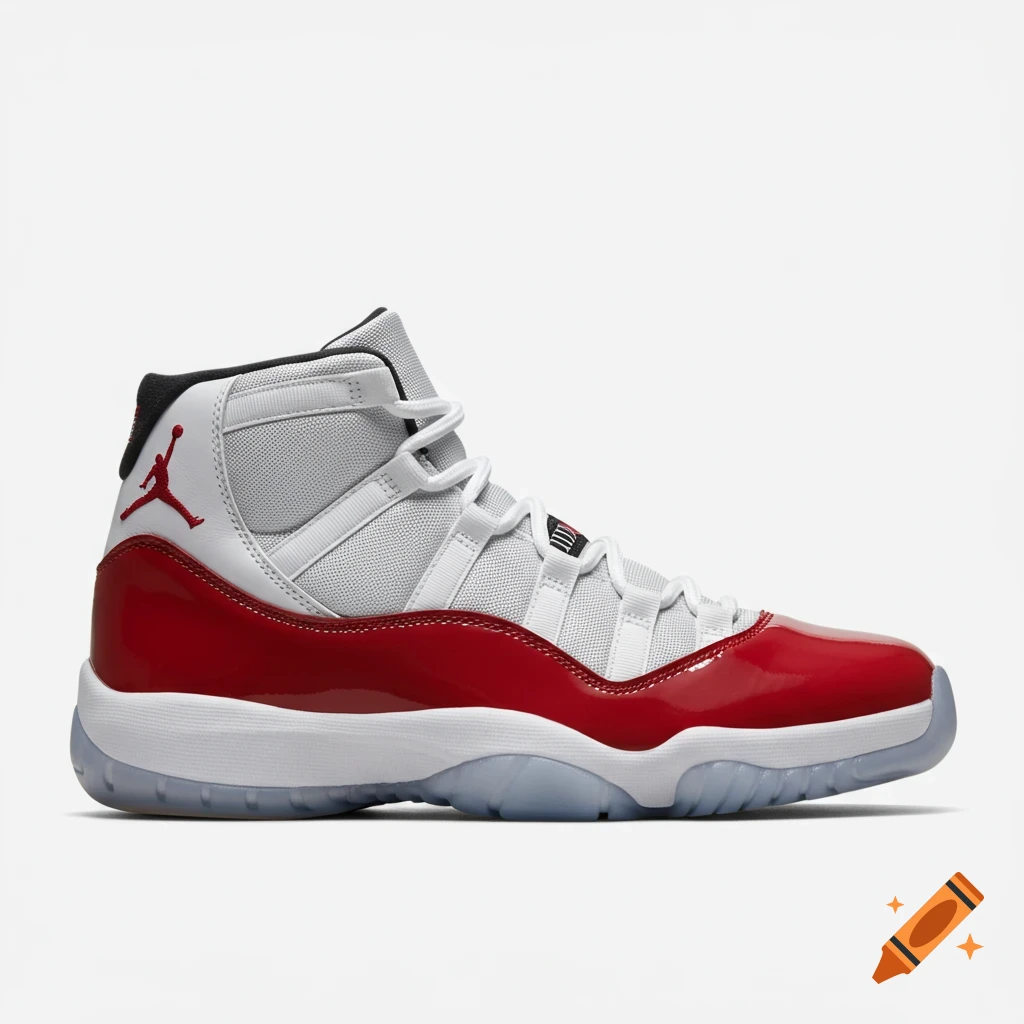Red and white Air Jordan 11 sneaker on a white background.