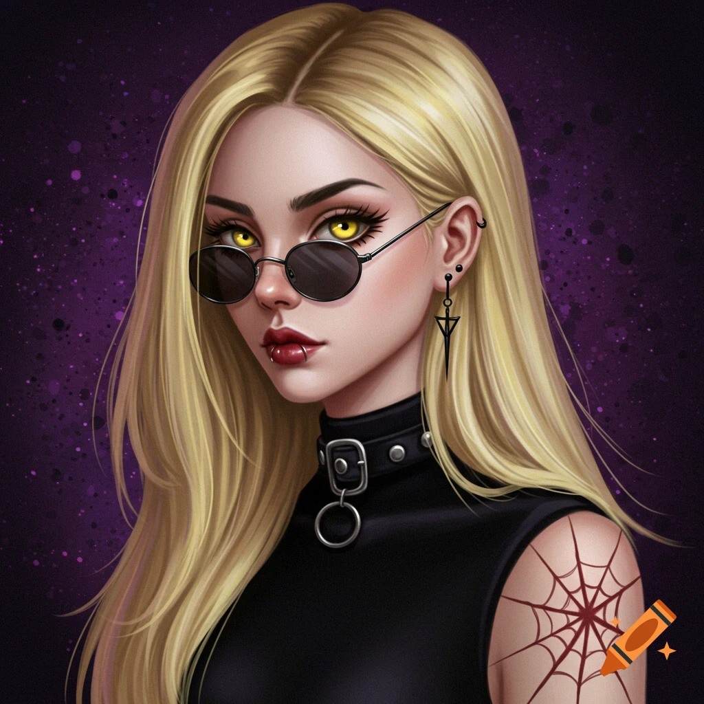 A gothic young woman with blonde hair, yellow eyes, sunglasses, and a spiderweb tattoo.