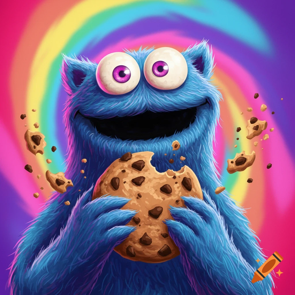 Blue furry monster holds a large chocolate chip cookie with crumbs flying around