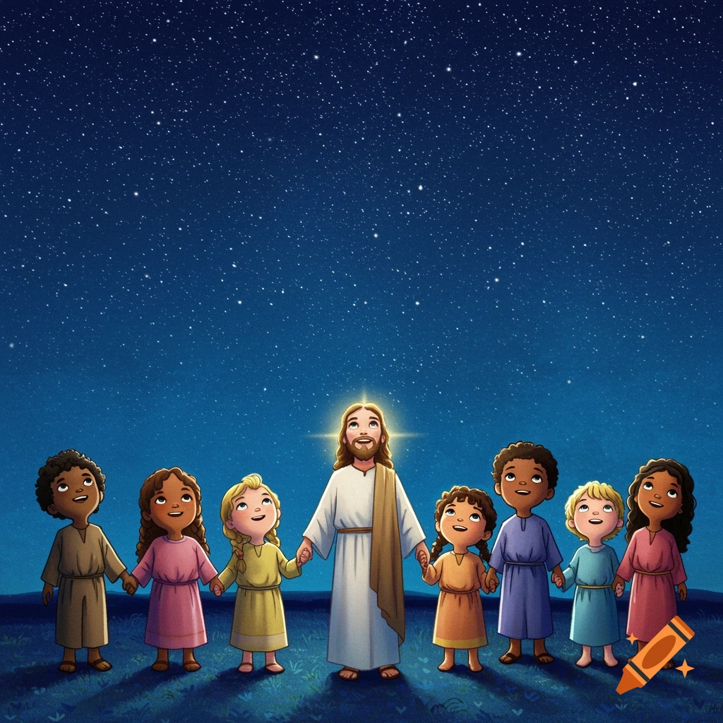 Jesus holding hands with diverse children under a starry night sky.
