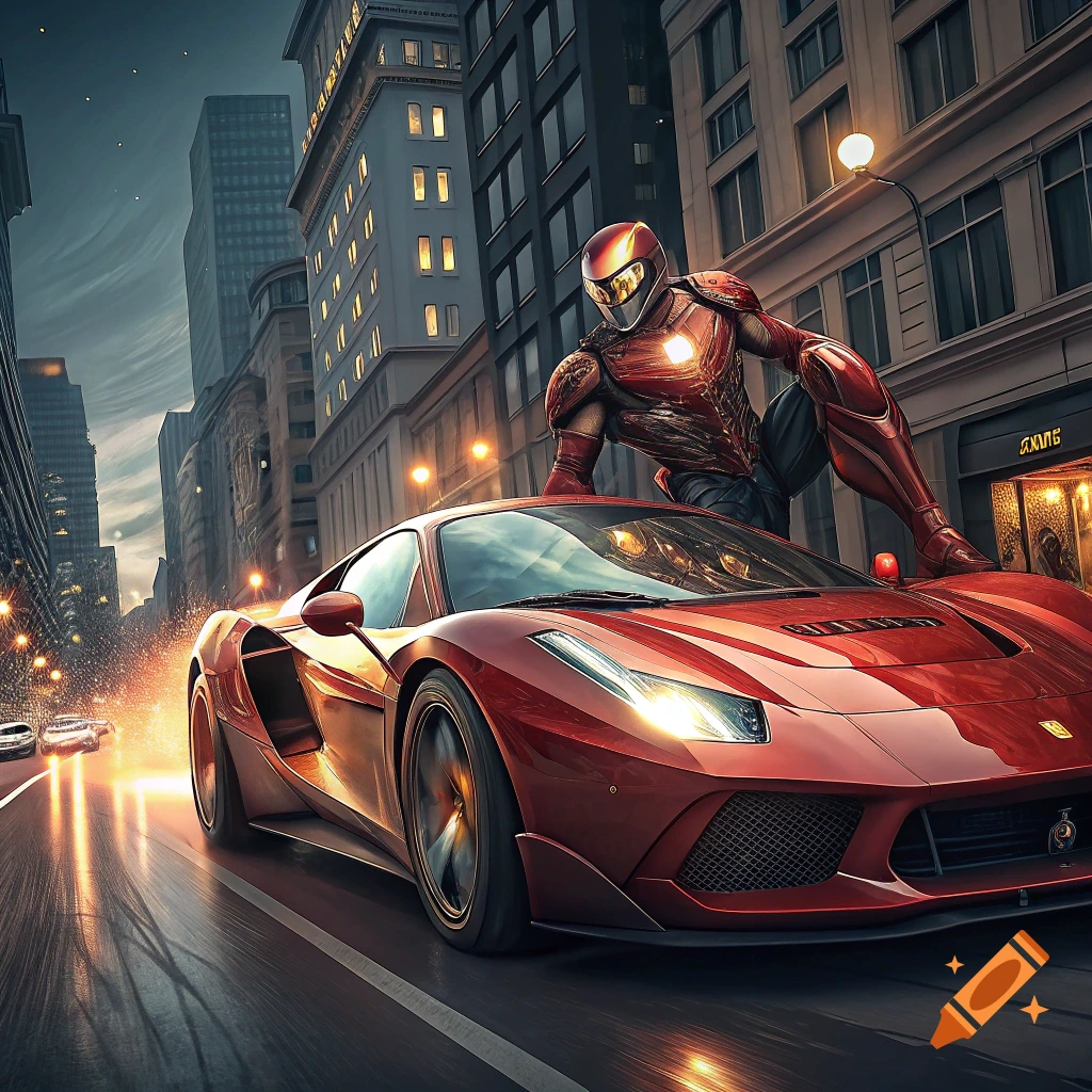 Iron Man-like figure on a red sports car speeding through a futuristic city street at night.