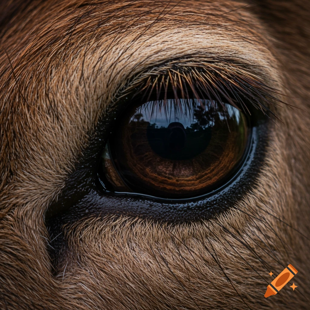 Close-up of a deer's brown eye reflecting trees and sky