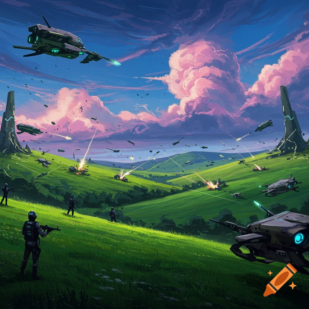 A sci-fi battle rages across green hills with spaceships overhead and soldiers fighting on the ground.