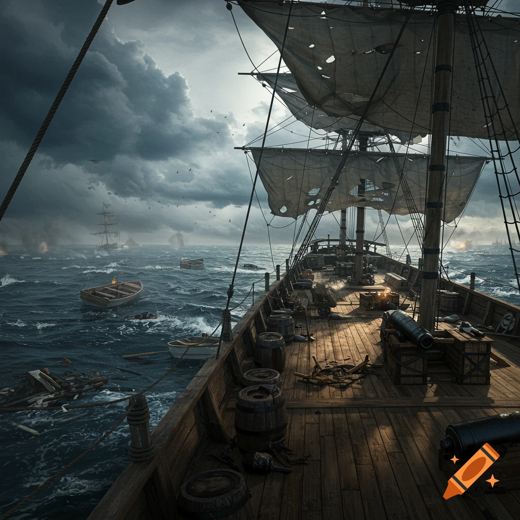 A naval battle unfolds during a storm, viewed from the deck of a sailing ship.