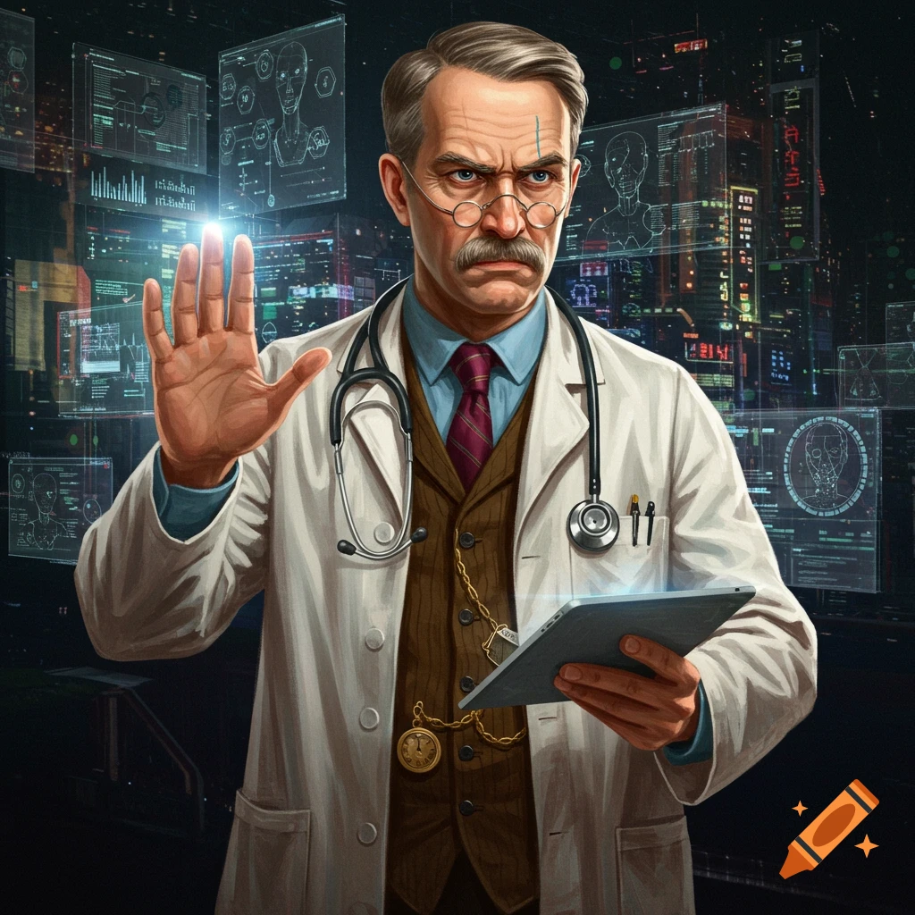 A stern doctor in a lab coat standing in front of futuristic holographic screens displaying medical data.