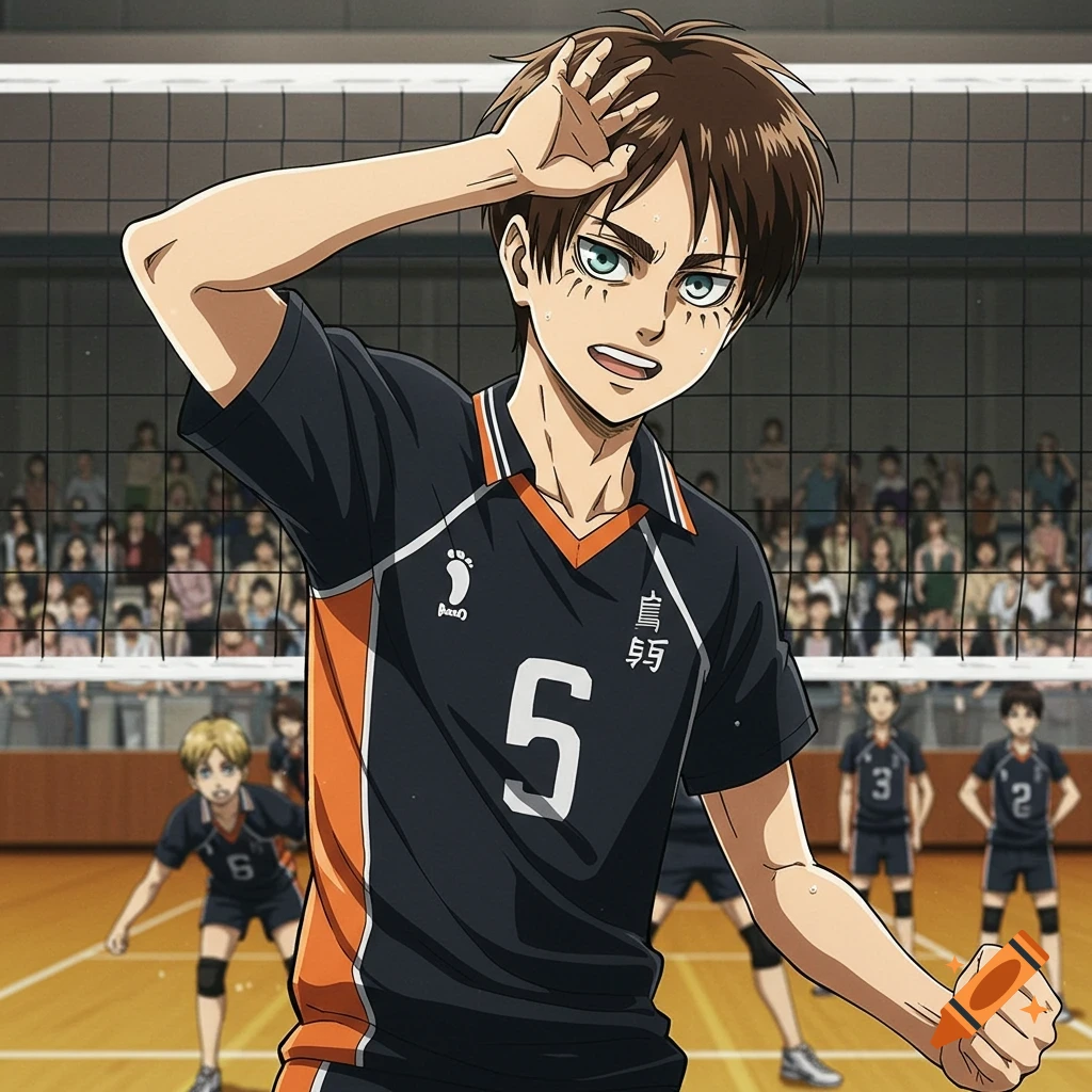 Anime character in black and orange volleyball uniform on court