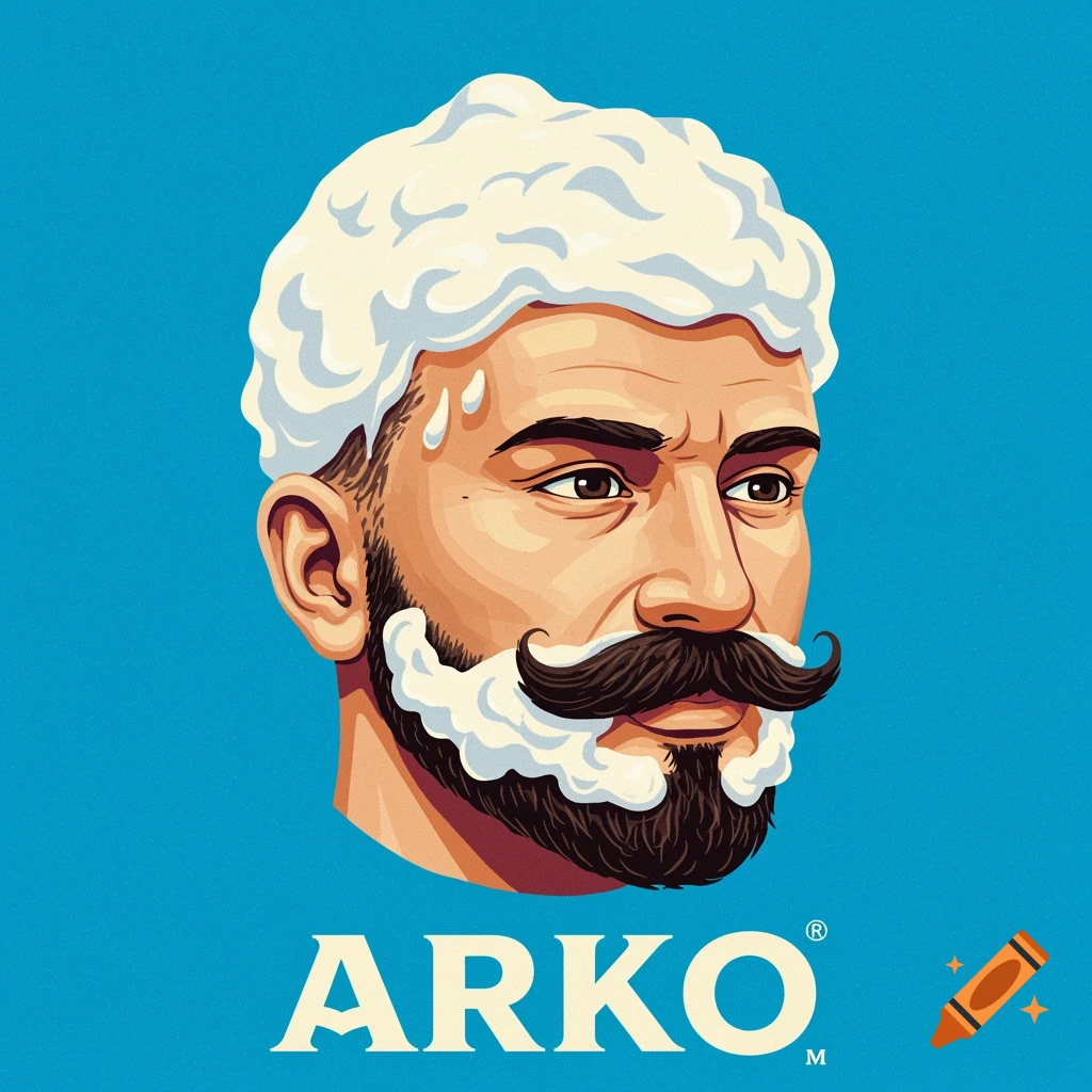Stylized vintage illustration logo of a man's head covered in shaving cream above the text ARKO