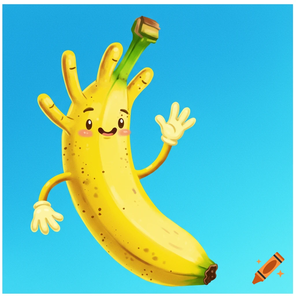 A cartoon banana character with a face, arms, and legs waves.
