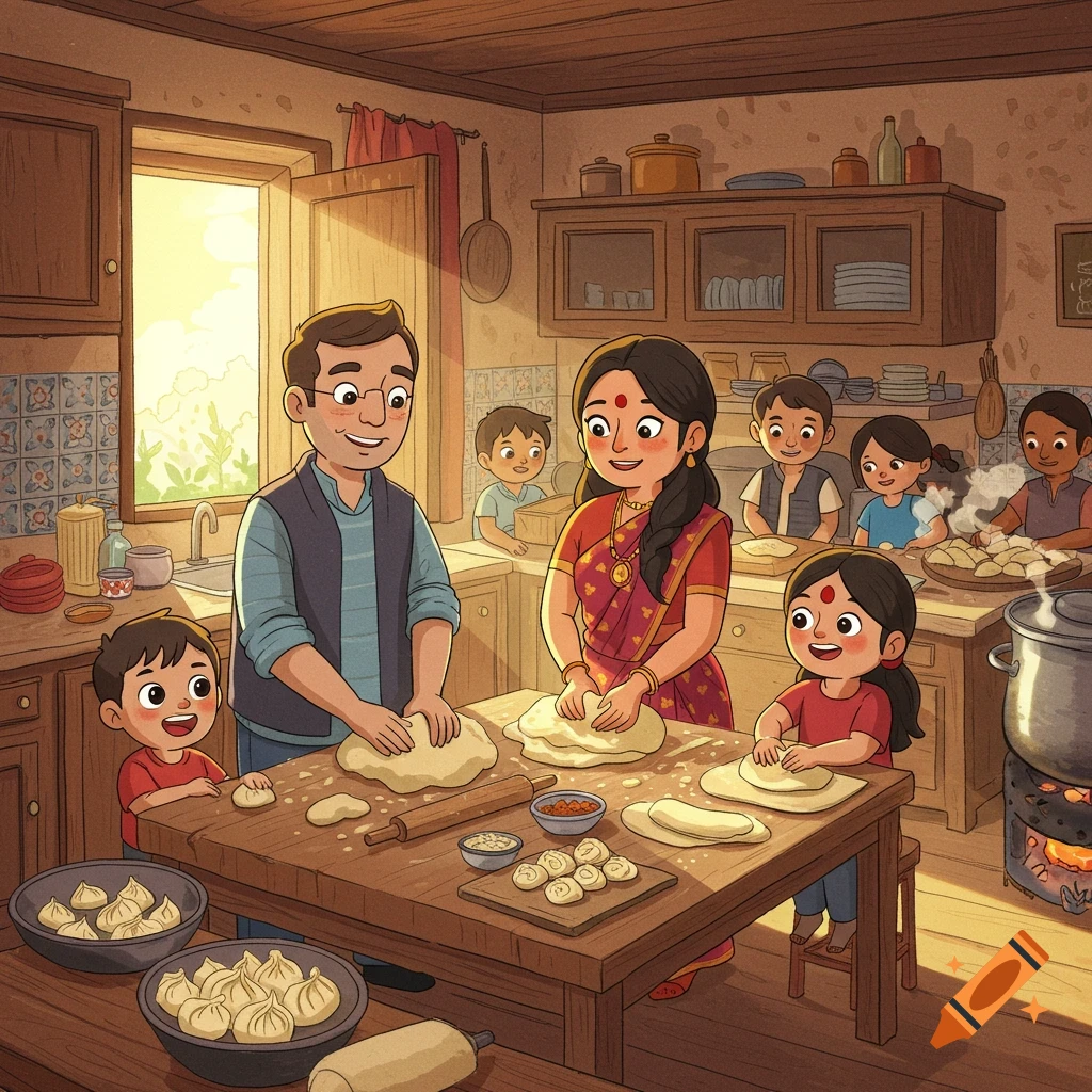 A cartoon image shows a family cooking momos together in a kitchen.