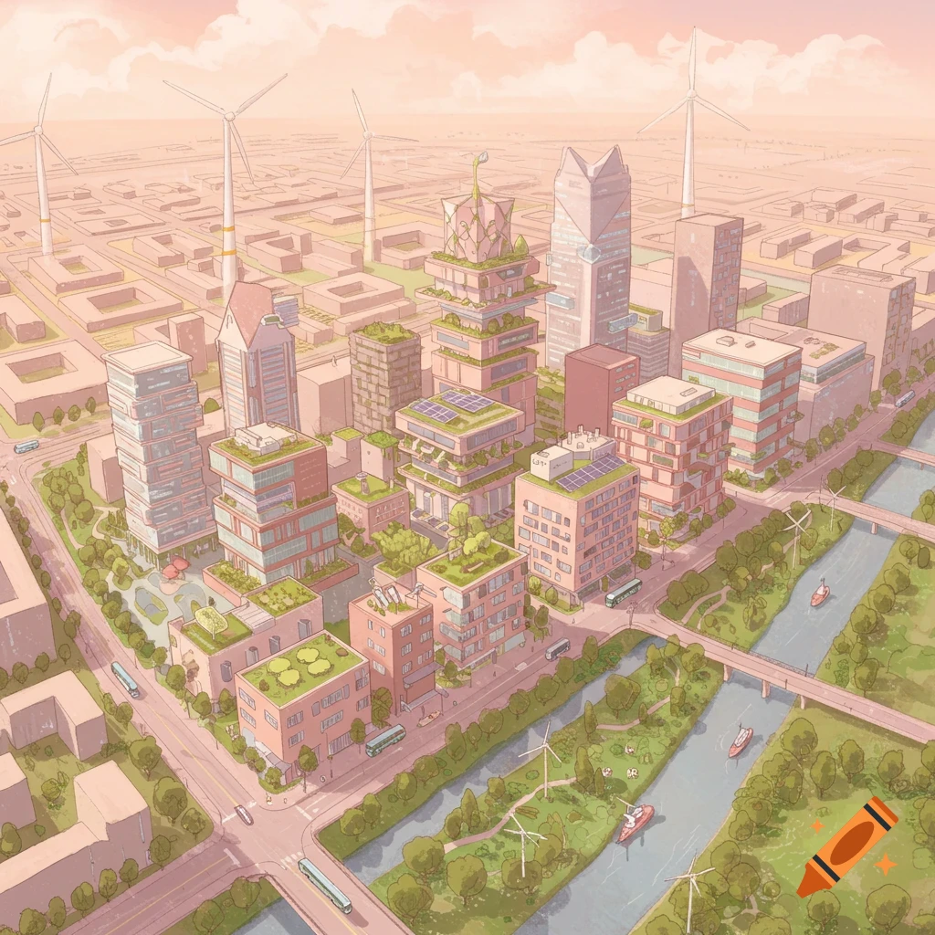 A stylized illustration of a sustainable city with green buildings, wind turbines, a river, and parks.