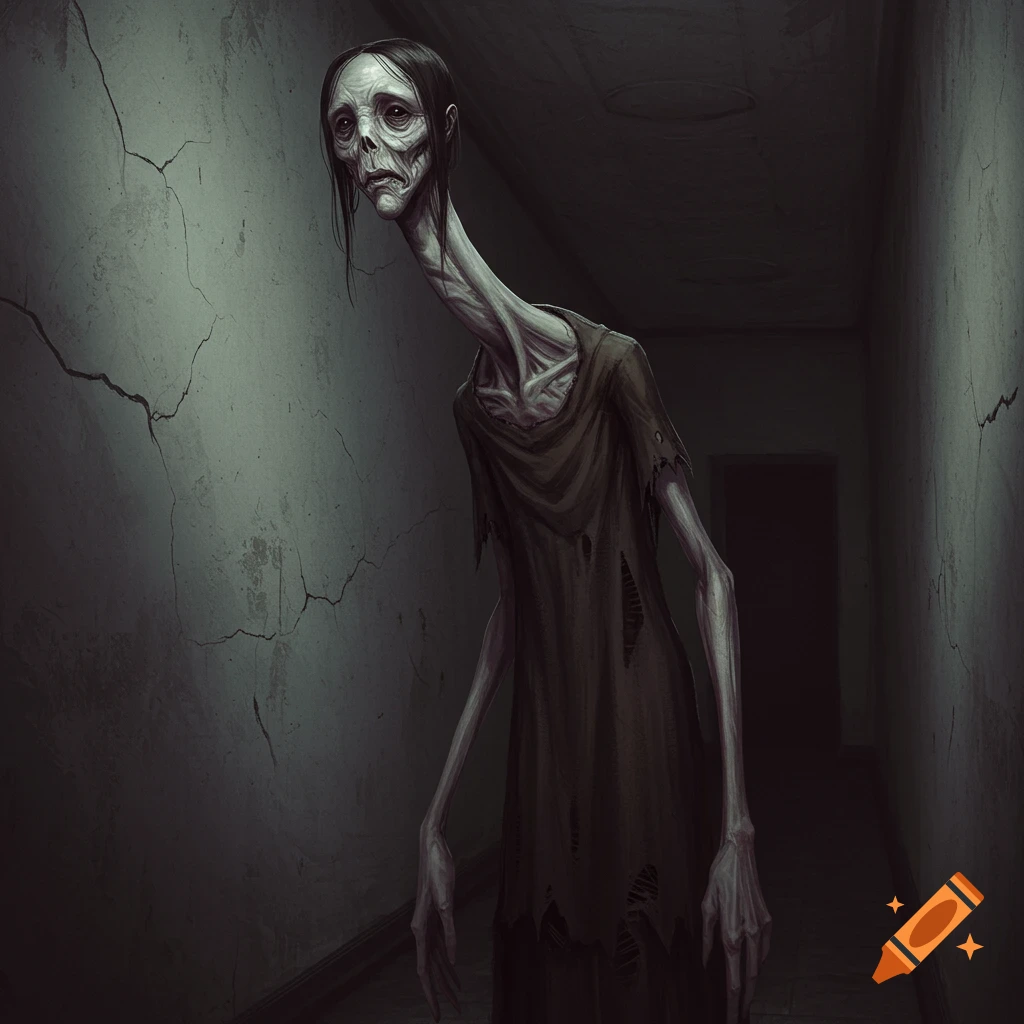 Image of a long-necked humanoid monster in a dark hallway.