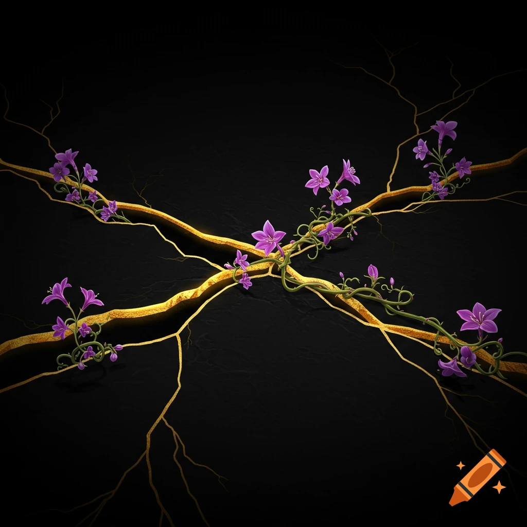 Golden cracks on a black background with purple flowers and vines growing from them.