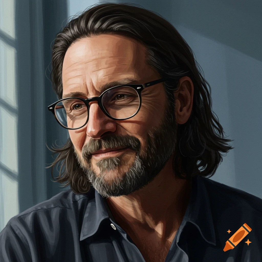 portrait of a middle-aged man with dark long hair, beard, and glasses, looking towards a window.