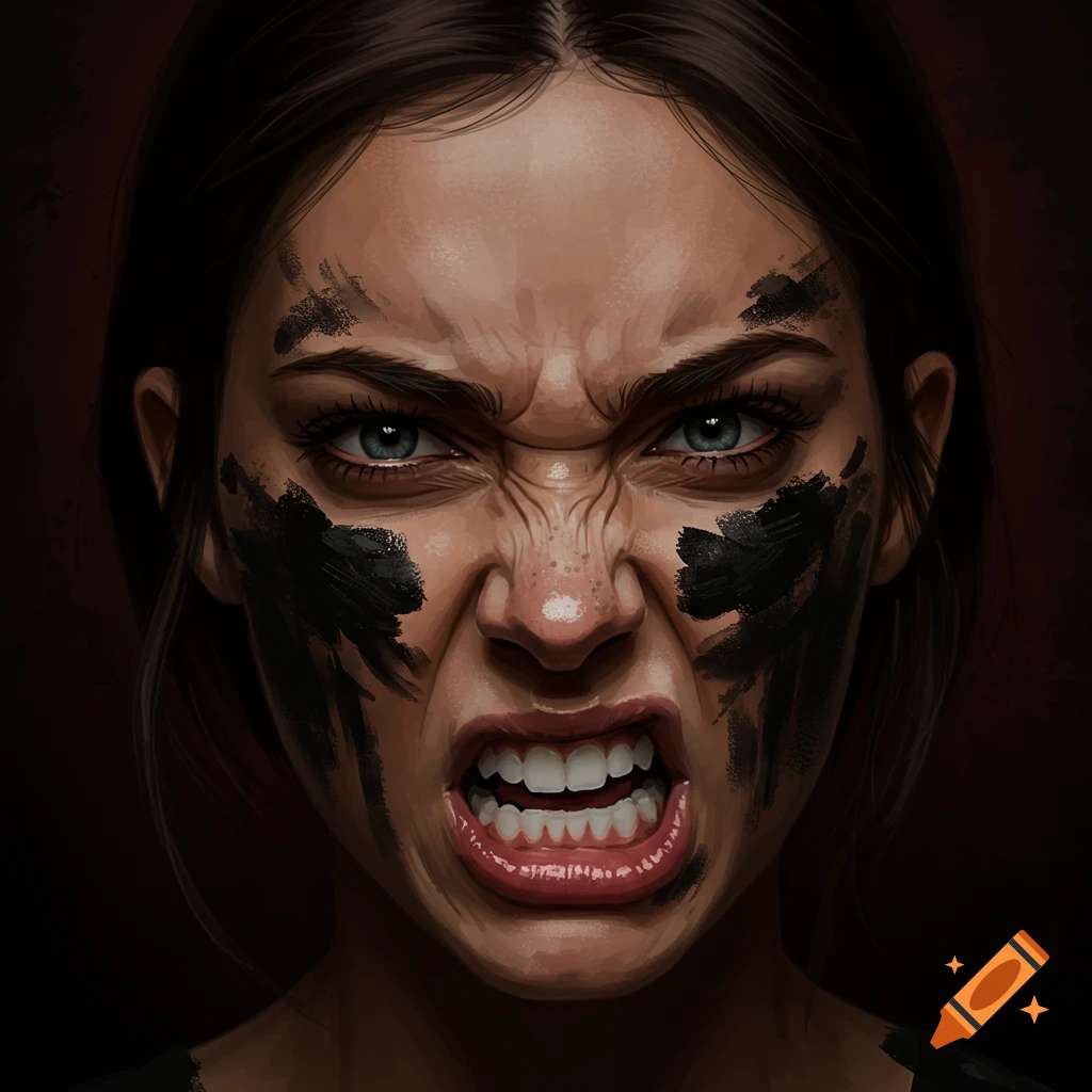 An angry woman's face with black paint smeared across her cheeks.