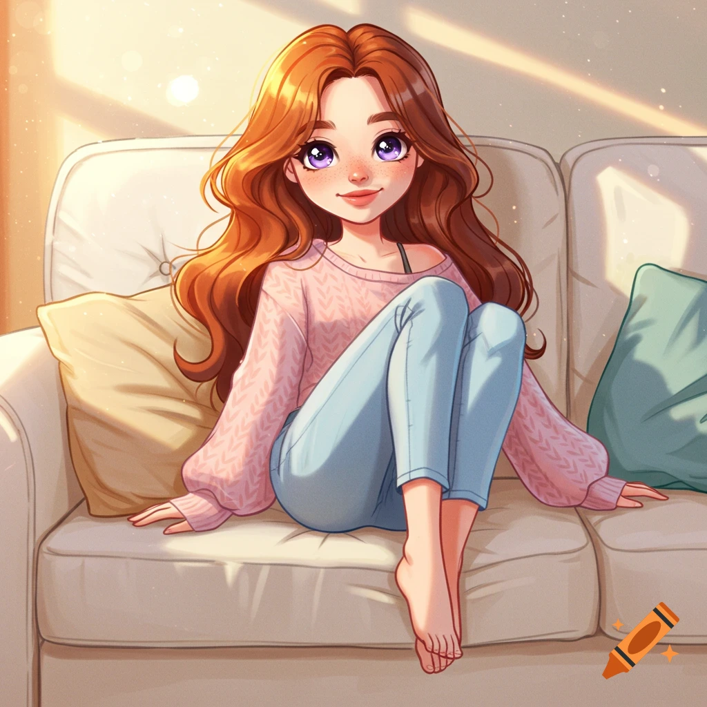 A stylized image of a young woman sitting on a couch in sunlight.