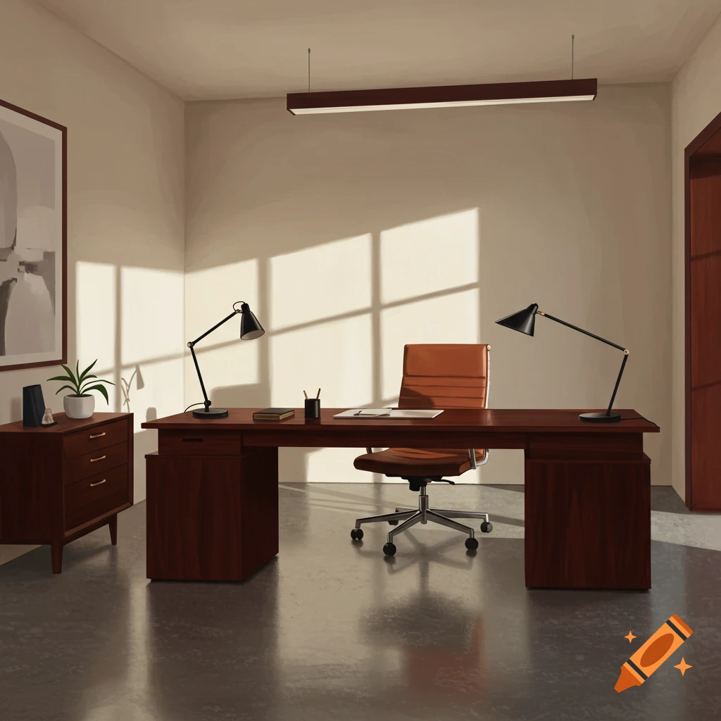 Minimalist mahogany office with sunlight and shadows.