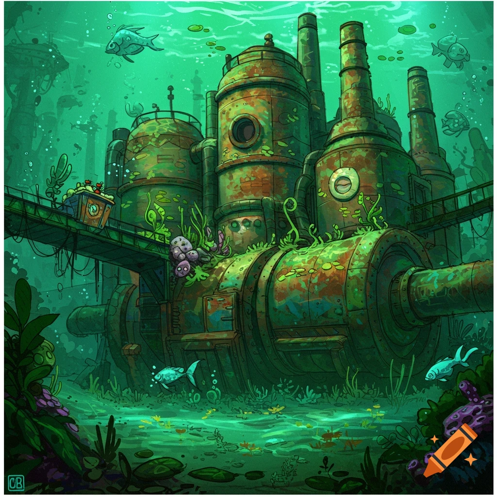Underwater factory structure, rusty and overgrown with plants, surrounded by fish.